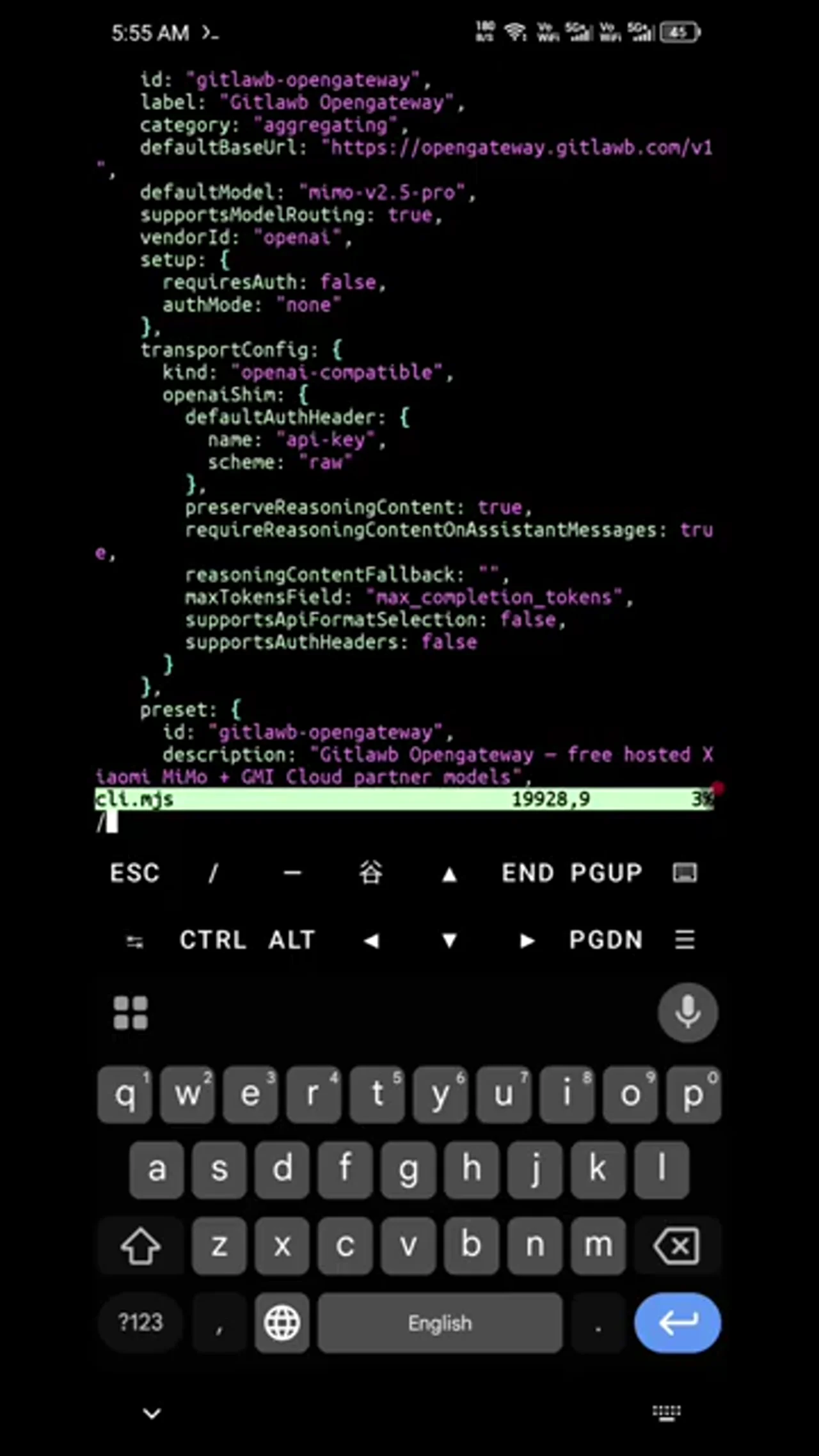 A smartphone screen displays code in a dark mode interface, likely a code editor within the Termux application. The code is primarily in JSON format and is related to Gitlab's OpenGateway. Below the code, a virtual keyboard is partially visible.