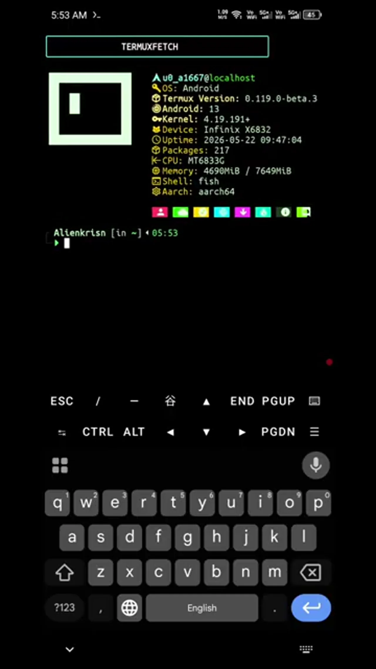 Screenshot of a mobile device displaying the Termux application with system information and a virtual keyboard at the bottom. The screen shows the Termux logo, OS details, kernel version, device model, and other system specifications. The command prompt is visible at the top left.