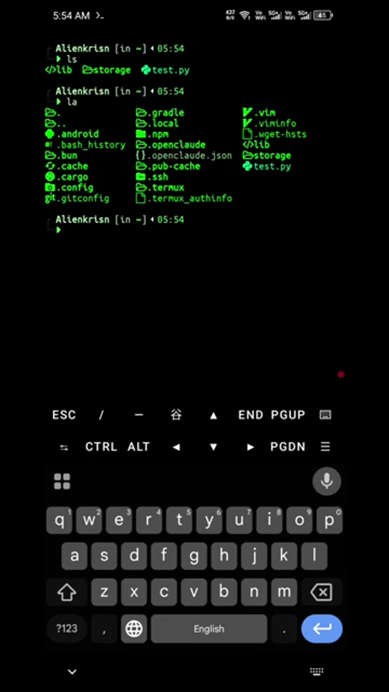 Screenshot of the Termux terminal displaying file listings. The command `ls` has been executed, showing directories and files including `.android`, `.bash_history`, `.cache`, `.config`, `.gradle`, `.local`, `.npm`, `.openclaude`, `.ssh`, `.termux`, and `test.py`. The prompt indicates the current user and directory.