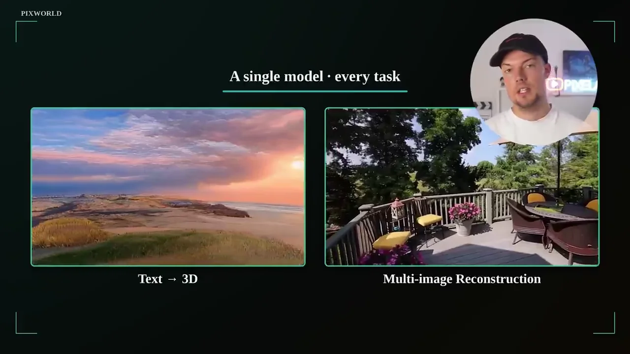 PixWorld interface showing Text to 3D and Multi-image Reconstruction